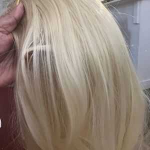 Two NEW Platinum Blonde Synthetic wigs w/ light brown highlights. 14” in length.